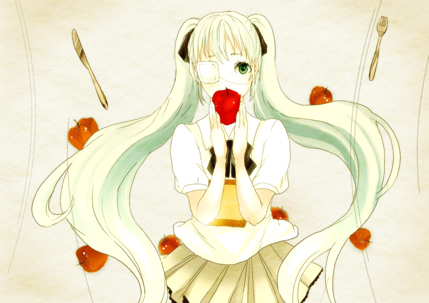 apple, bad_id, bandage_over_one_eye, eyepatch, food, fork, fruit, fruit_background