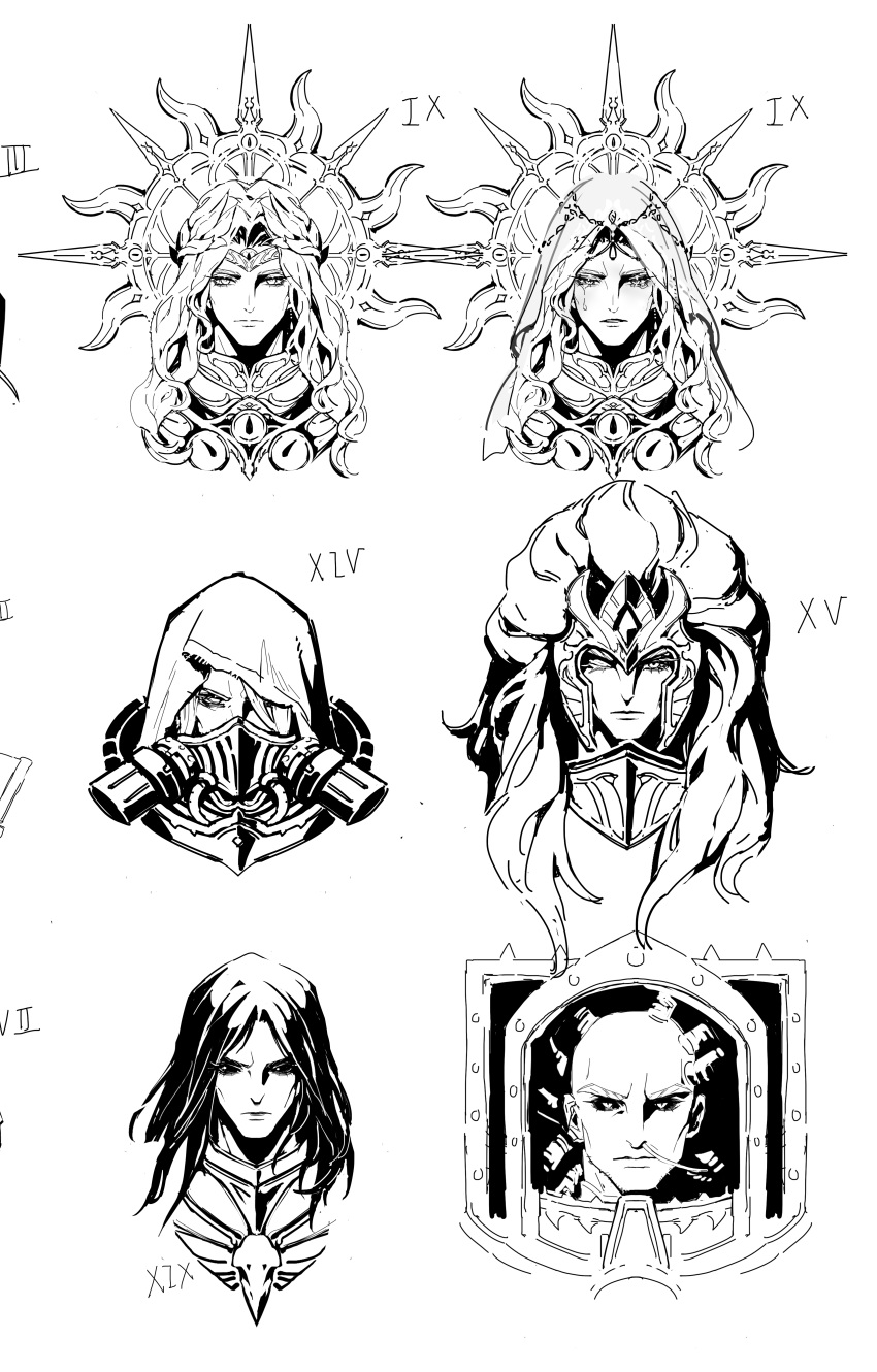animal_skull, animal_skull_ornament, bald, bird_skull, black_armor, black_hair, black_legion, blood_angels, commentary, corvus_corax_(warhammer), crown_of_the_crimson_king, death_guard, english_commentary, eye_of_horus_(warhammer), hood, horus_lupercal, konrad_curze, long_hair, magnus_the_red, monochrome, mortarion, power_armor, primarch, raven_guard, rebreather, regalia_resplendent, repirator, respirator, roman_numerals, roroco316, sanguinius, the_barbaran_plate, the_sable_armor, the_serpent's_scales_(warhammer), thousand_sons, warhammer_40k, white_background