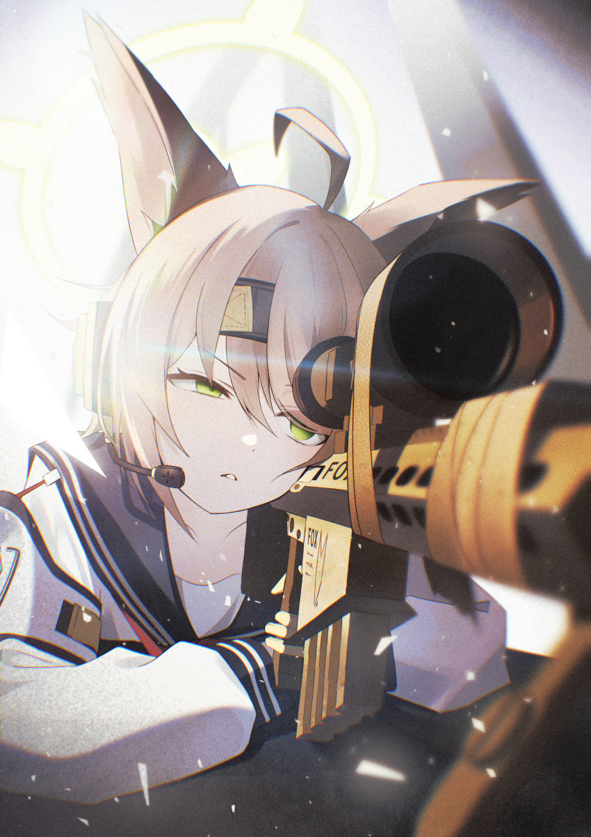 1girl, absurdres, ahoge, animal_ears, anti-materiel_rifle, barrett_m82, black_sailor_collar, blue_archive