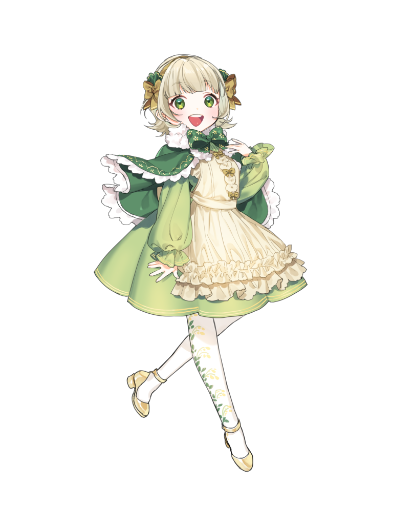 1girl, :d, bow, bowtie, brown_bow, capelet, dairoku_ryouhei, dress, full_body, green_bow, green_capelet, green_dress, green_eyes, hair_bow, hand_up, hokonko, long_sleeves, looking_at_viewer, muguet_blanche, pantyhose, short_hair, smile, solo, standing, white_pantyhose, yellow_footwear