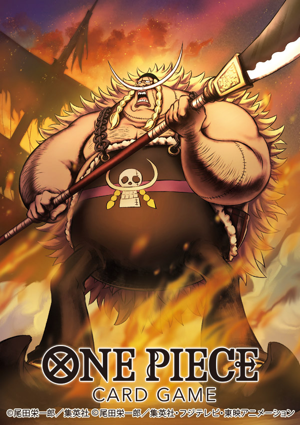 1boy, blonde_hair, commentary_request, copyright_name, destruction, edward_weevil, facial_hair, fire, holding, holding_weapon, long_hair, long_mustache, male_focus, mustache, nekobayashi, official_art, one_piece, one_piece_card_game, open_mouth, overalls, skull, solo, stitched_arm, stitched_face, stitched_neck, stitches, very_long_hair, weapon