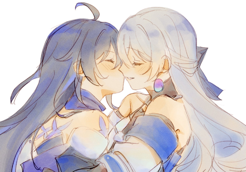 2girls, ahoge, bare_shoulders, black_ribbon, blush, bronya_rand, closed_eyes, commentary_request