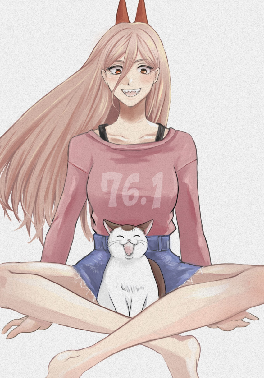1girl, animal, aomushimm, blonde_hair, cat, chainsaw_man, commentary_request, hair_between_eyes