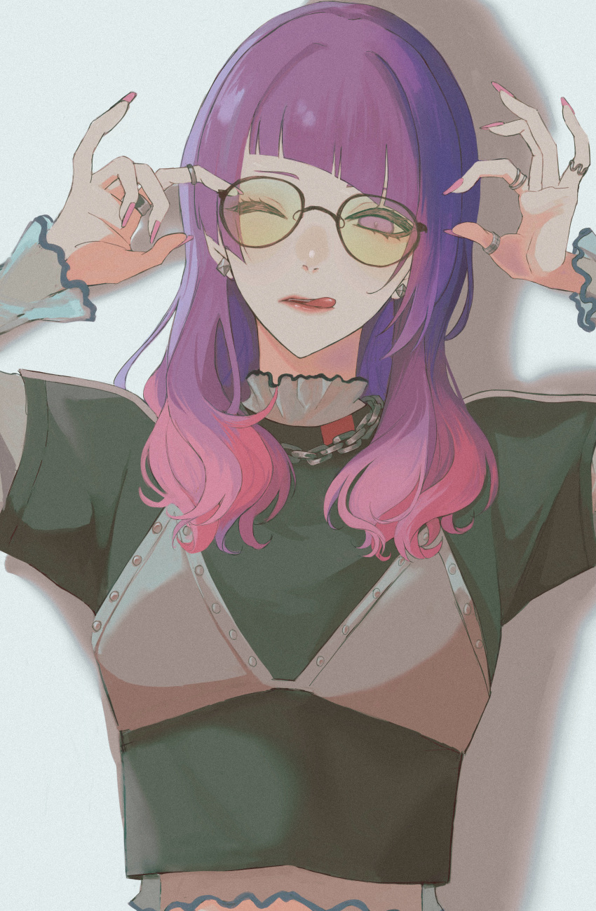 1girl, ;q, absurdres, arms_up, black-framed_eyewear, black_shirt, blunt_bangs, bra_over_clothes, chain, chain_necklace, commentary, diagonal_bangs, diamond_earrings, earrings, fingernails, glasses, gradient_hair, highres, idolmaster, idolmaster_shiny_colors, jewelry, long_hair, looking_at_viewer, multicolored_hair, nail_polish, naruse_chika, necklace, one_eye_closed, pink_hair, purple_hair, ring, shadow, shirt, solo, symbol-only_commentary, tanaka_mamimi, tongue, tongue_out, upper_body