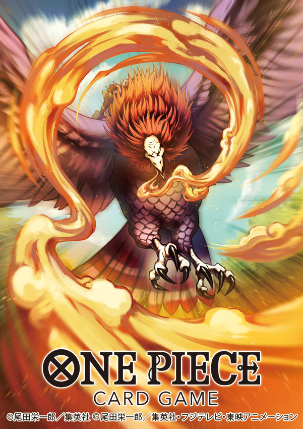 1boy, aiming, aiming_at_viewer, bird, claws, clouds, colored_smoke, commentary_request, copyright_name, fire, fuza_(one_piece), hat, holding, holding_weapon, looking_at_viewer, male_focus, motion_lines, nekobayashi, official_art, one_piece, one_piece_card_game, purple_bird, shura_(one_piece), sky, smoke, weapon, wings