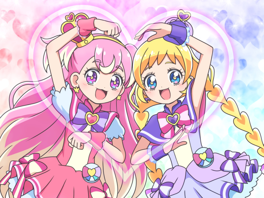 arm_up, blonde_hair, blue_eyes, bow, bowtie, braid, brooch, capelet