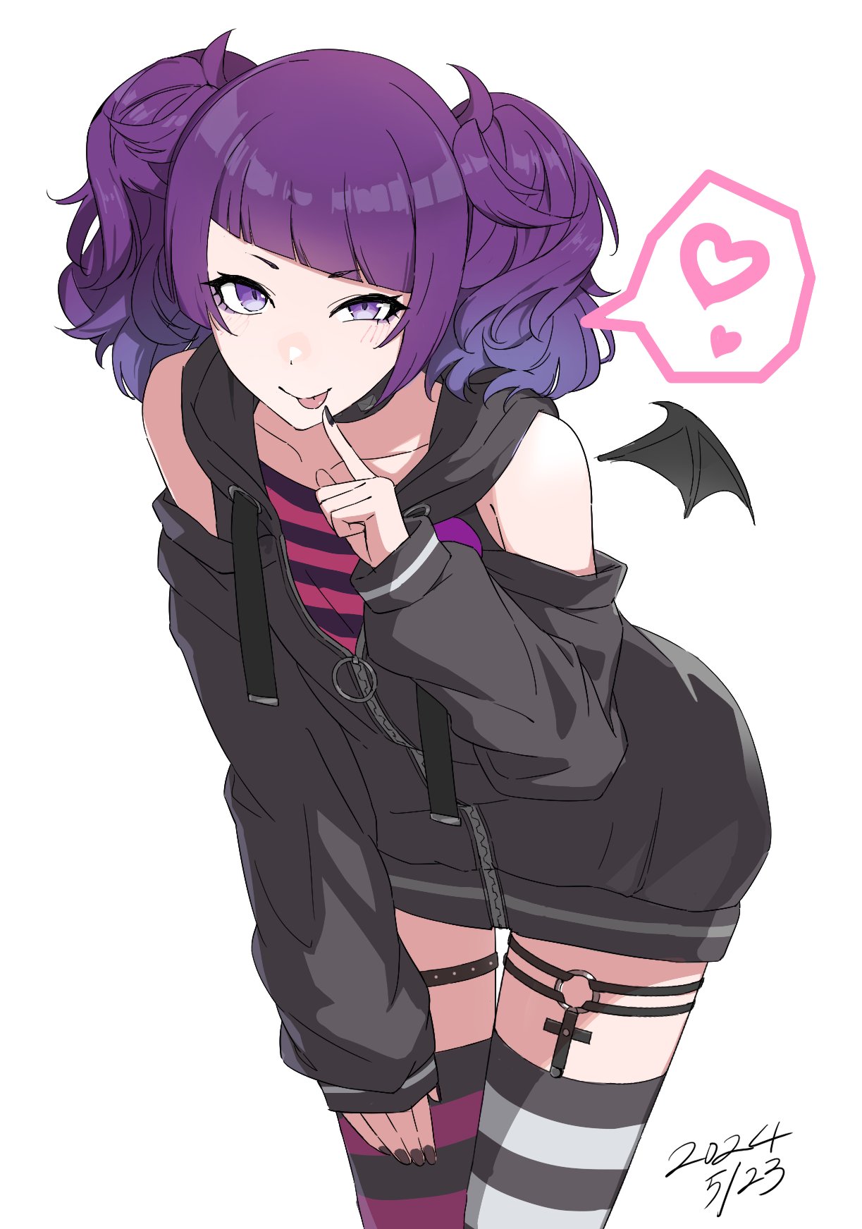1girl, asymmetrical_clothes, bare_shoulders, bat_wings, birthday, black_choker, black_jacket, black_nails