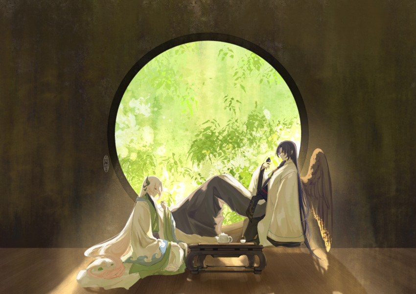 2boys, absurdres, architecture, bamboo, bamboo_forest, bird, bird_on_hand, black_hair