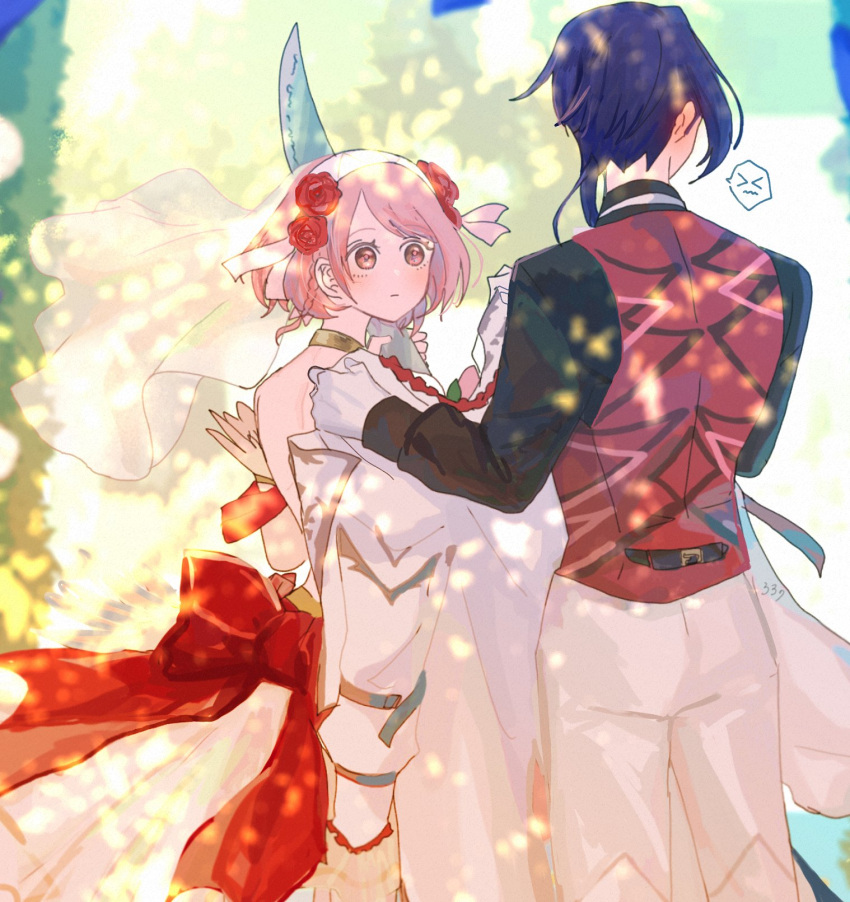 >_<, 1boy, 1girl, alcryst_(fire_emblem), alcryst_(groom)_(fire_emblem), backless_dress, backless_outfit, bare_back