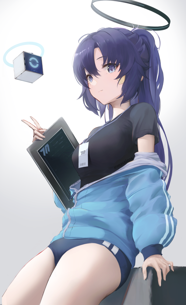 1girl, 1other, bandaid, bandaid_on_face, bare_legs, black_halo, black_sleeves, black_undershirt