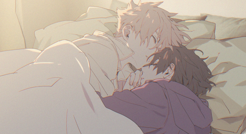 2boys, collared_shirt, facing_another, hand_on_own_chin, highres, hood, hood_down, hoodie