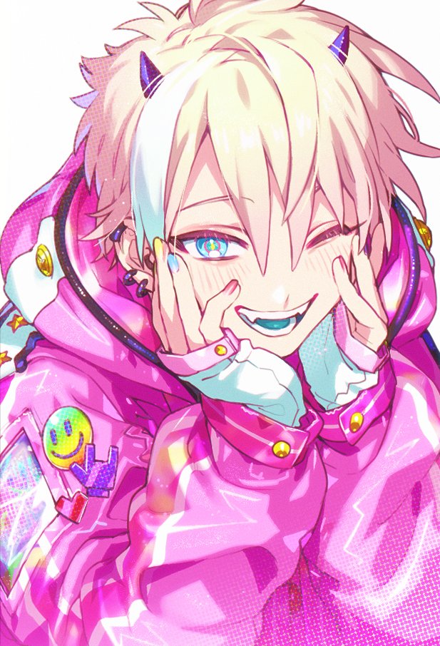 1boy, ;d, aqua_eyes, aqua_tongue, blonde_hair, coat, colored_tongue, ear_piercing