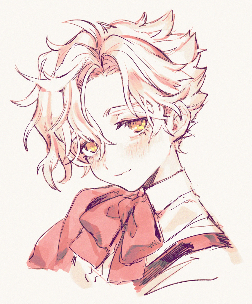 1boy, androgynous, bow, bowtie, closed_mouth, collared_shirt, curtained_hair, hair_between_eyes