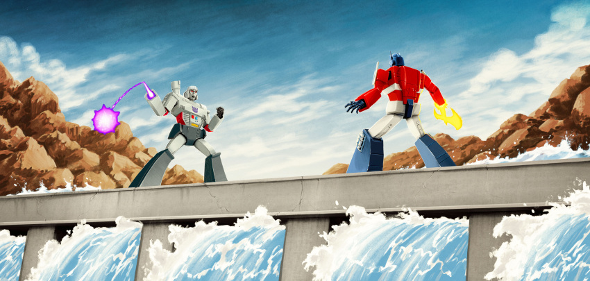 absurdres, axe, battle_axe, clouds, cloudy_sky, commentary, dam, energy_axe