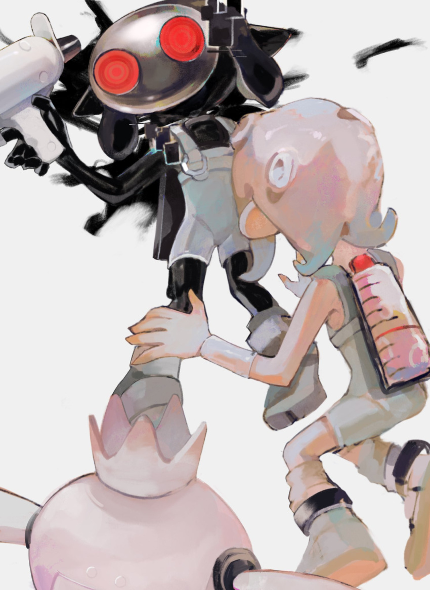 2girls, agent_8_(splatoon), black_skin, bodysuit, colored_skin, glowing, glowing_eyes, highres