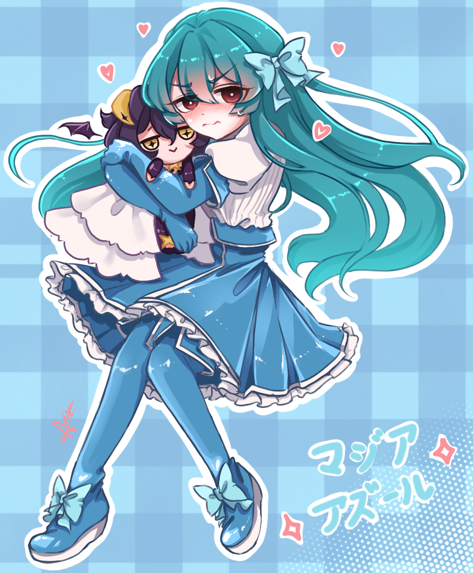 1girl, arisu_art, artist_name, blue_background, blue_footwear, blue_gloves, blue_hair, blue_skirt