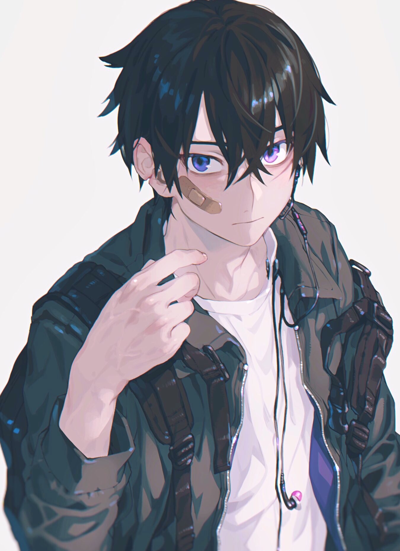 1boy, arm_at_side, bandaid, bandaid_on_cheek, bandaid_on_face, black_hair, black_jacket, blue_eyes, crossed_bangs, double-parted_bangs, earphones_removed, from_above, hair_between_eyes, hand_up, heterochromia, highres, jacket, layered_clothes, notched_ear, ohsoukamo, open_clothes, open_jacket, original, pink_eyes, shirt, simple_background, solo, three_quarter_view, upper_body, white_background, white_shirt, zipper