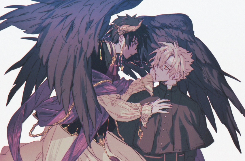 2boys, black_capelet, black_hair, black_shirt, black_wings, blonde_hair, capelet, chain