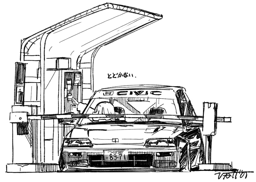 1girl, artist_name, driving, greyscale, highres, hikageno, honda, honda_civic