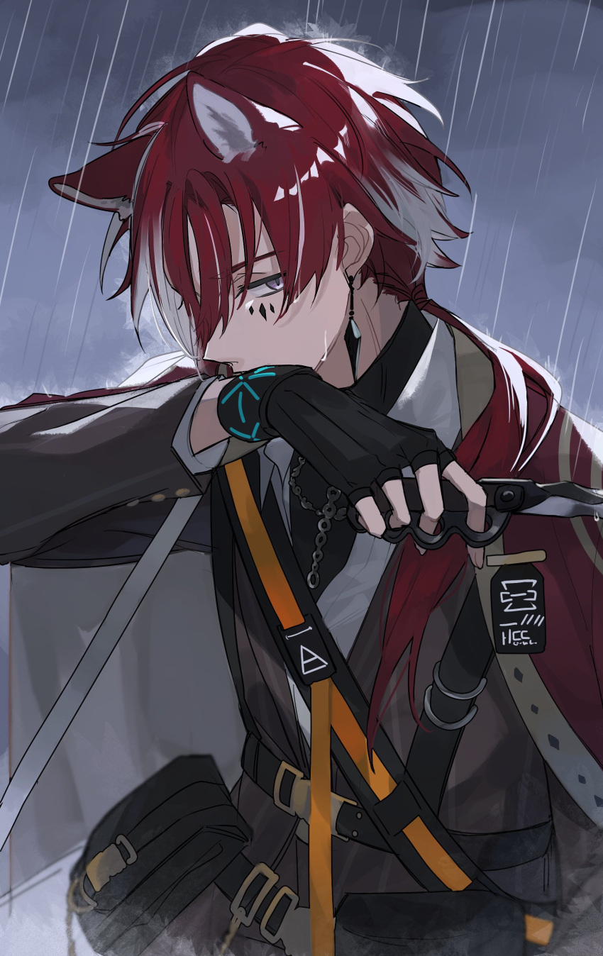 1boy, absurdres, animal_ears, arknights, bag, black_gloves, brown_shirt, demetri_certaldo