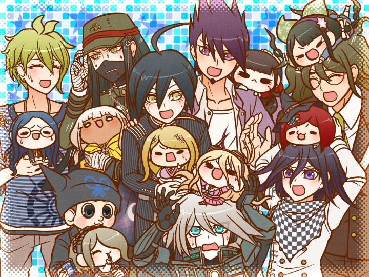 6+boys, 6+girls, :<, :3, ^_^, ahoge, akamatsu_kaede, amami_rantaro