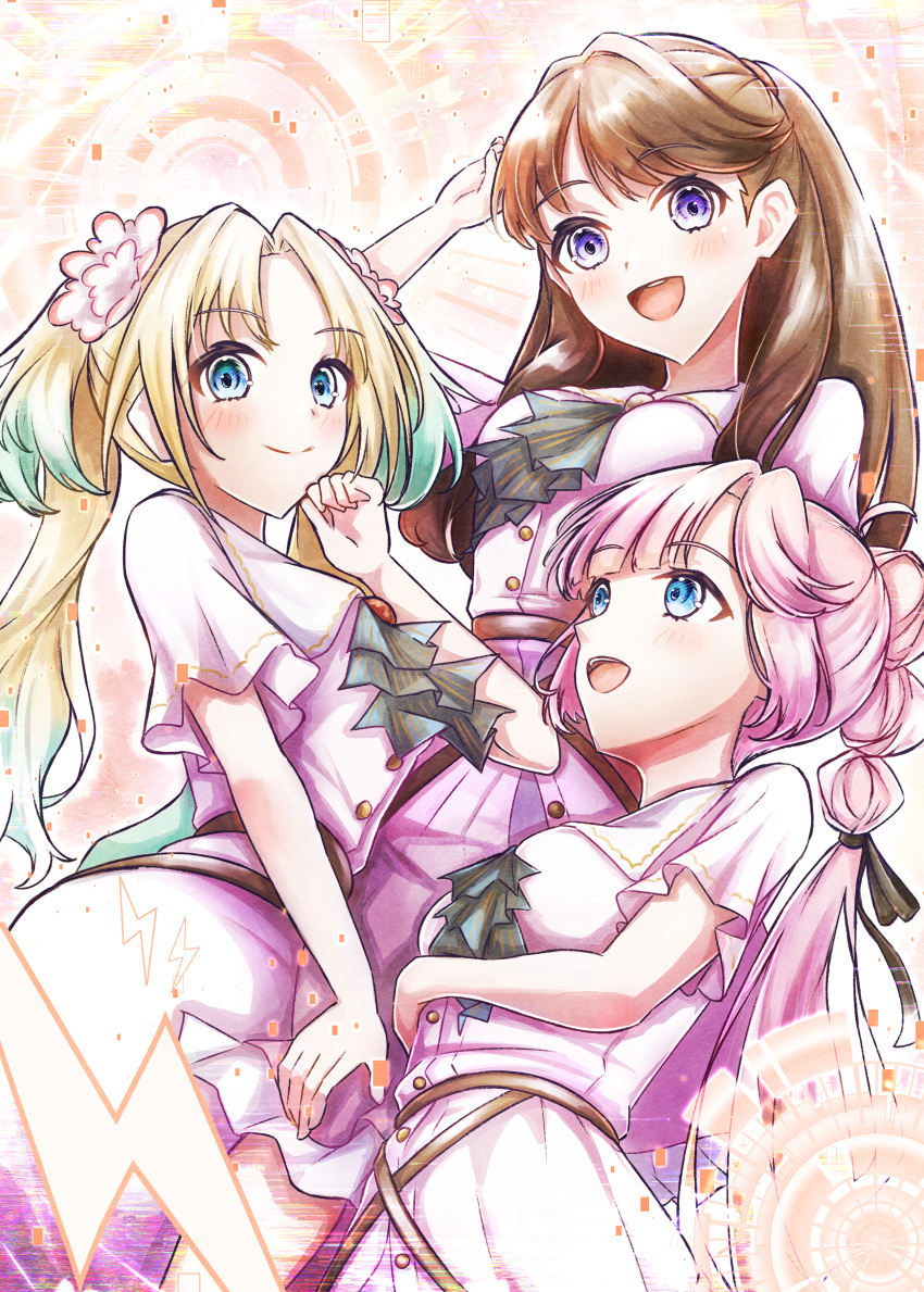 3girls, :d, absurdres, ahoge, anyoji_hime, aqua_hair, arm_up, ascot