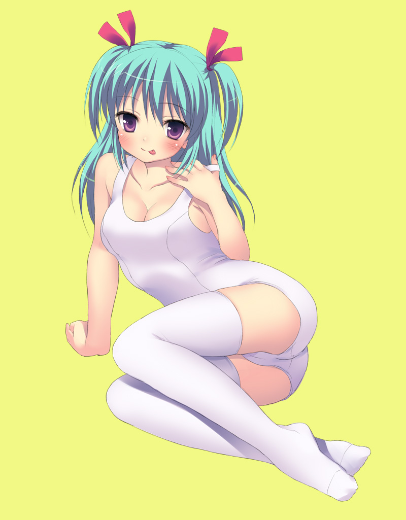 :p, aqua_hair, arm_support, ass, blush, breasts, cleavage, hair_ribbon, legs, lying, on_side, one-piece_swimsuit, original, purple_eyes, ribbon, school_swimsuit, short_twintails, solo, suzu_(kosakabe), swimsuit, thigh-highs, thighhighs, tongue, twintails, violet_eyes, white_legwear, white_school_swimsuit, white_thighhighs