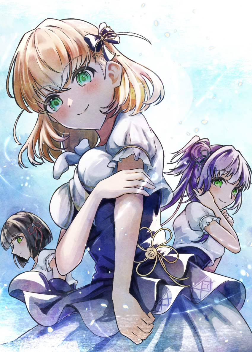 3girls, absurdres, black_bow, black_hair, blue_background, blue_dress, blunt_bangs, blunt_ends