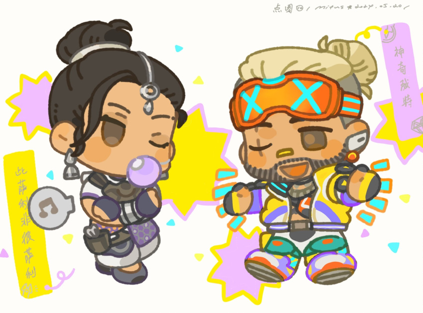 1boy, 1girl, animification, apex_legends, black_gloves, black_hair, blonde_hair, brown_eyes