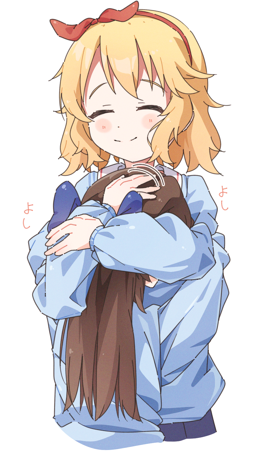 2girls, blue_bow, blush, bow, brown_hair, closed_eyes, closed_mouth, face_to_breasts