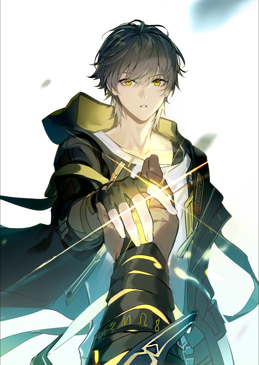 1boy, arm_belt, belt, bishounen, black_coat, black_gloves, black_hair, black_ribbon