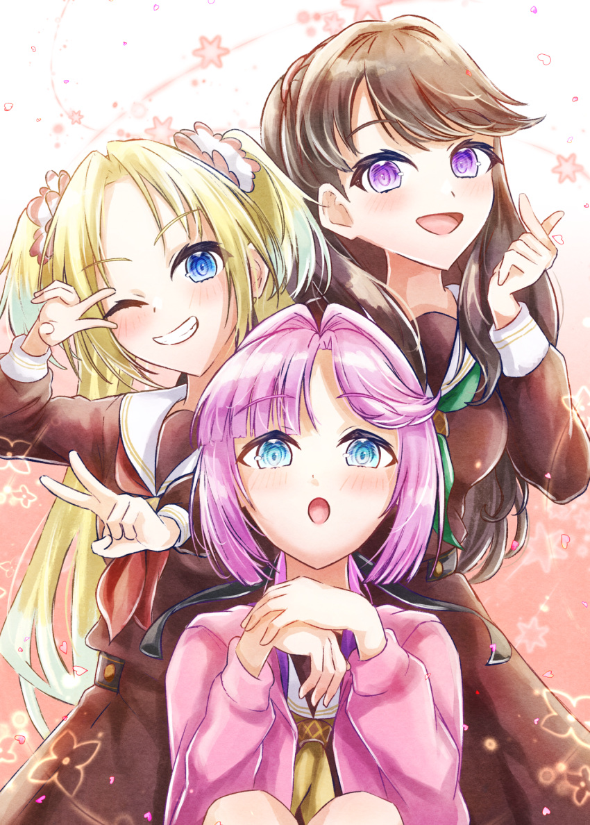 3girls, :d, :o, ;d, ahoge, anyoji_hime, black_ribbon, blonde_hair