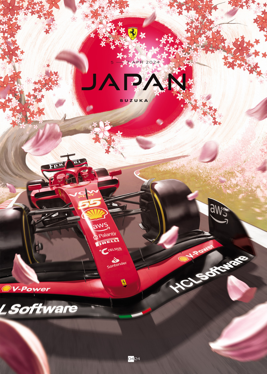 amazon_(company), car, carlos_sainz, cherry_blossoms, english_commentary, ferrari, ferrari_sf-24, formula_one