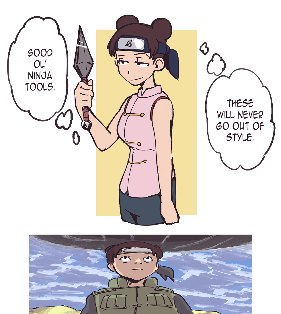 1girl, bare_shoulders, black_eyes, blue_pants, brown_hair, closed_mouth, double_bun, english_commentary