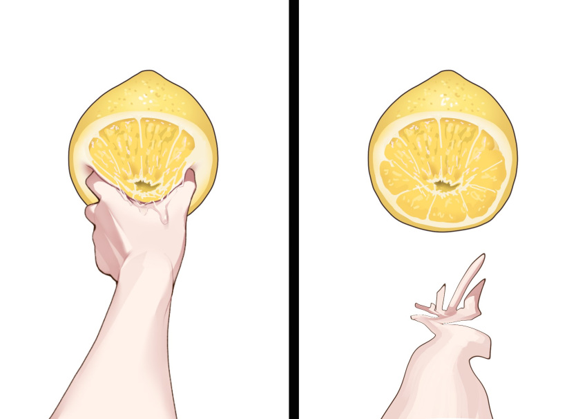 anatomical_nonsense, food, fruit, grabbing, hand_focus, highres, juice, lemon
