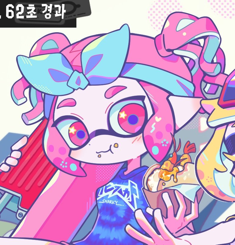 1girl, 1other, blue_bow, blue_shirt, bow, chewing, closed_mouth, commentary_request, dot_nose, flingza_roller_(splatoon), food, food_on_face, holding, holding_food, holding_weapon, inkling, inkling_girl, inkling_player_character, korean_commentary, medium_hair, pink_hair, print_shirt, red_eyes, seanwich_(splatoon), shirt, short_twintails, solo_focus, splatoon_(series), star_(symbol), star_in_eye, symbol_in_eye, tentacle_hair, twintails, ufo_sw, upper_body, wavy_hair, weapon