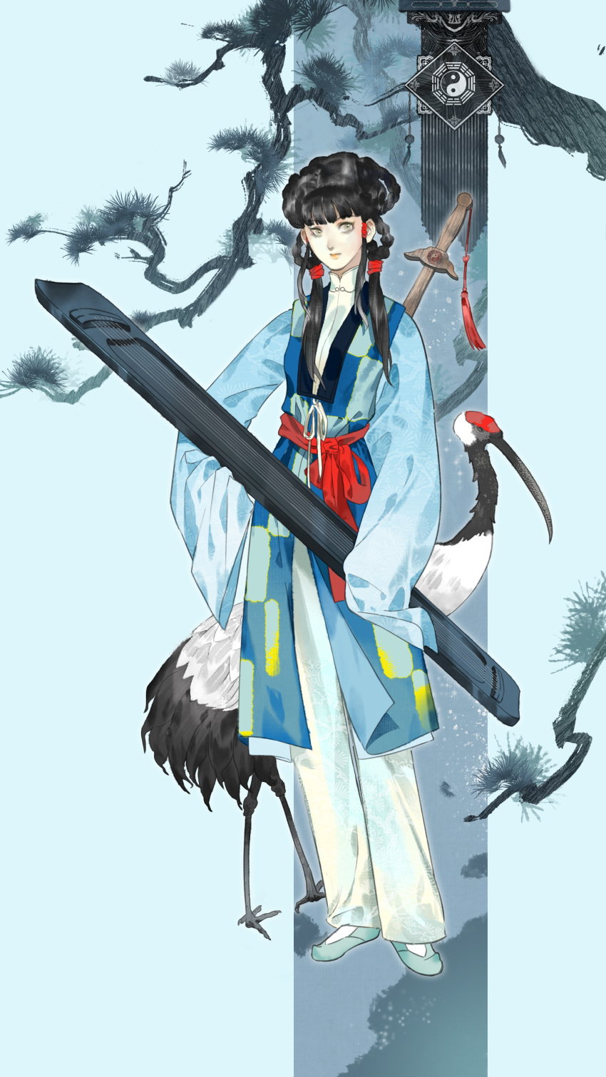 1girl, absurdres, bird, black_hair, blunt_bangs, braided_hair_rings, chinese_clothes, closed_eyes