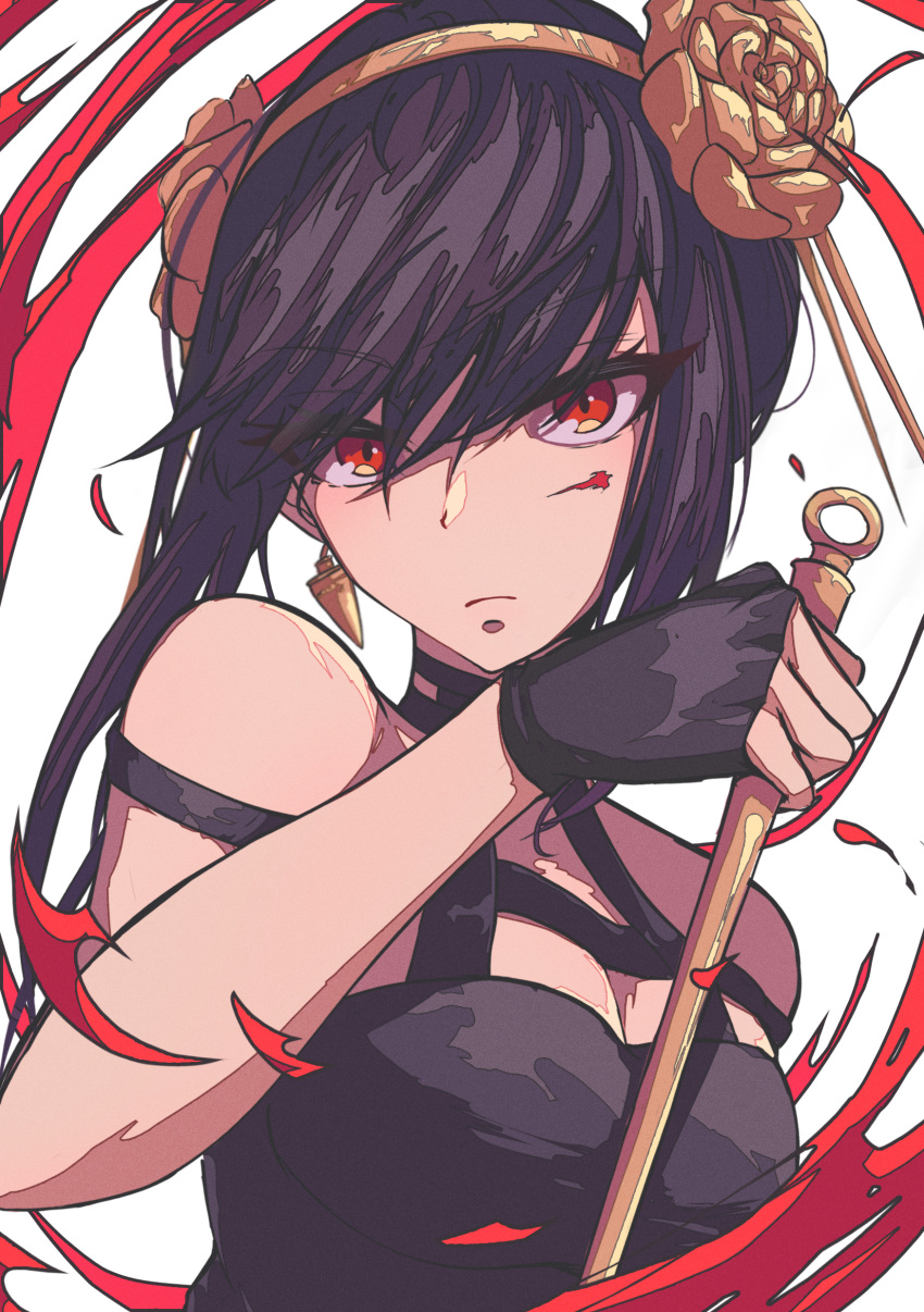 1girl, absurdres, black_choker, black_dress, black_hair, blood, blood_on_face, breasts