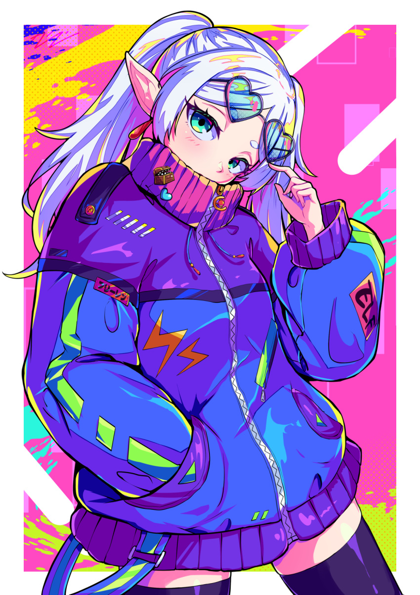 1girl, black-framed_eyewear, black_thighhighs, blue_coat, blush, coat, commentary, covered_mouth