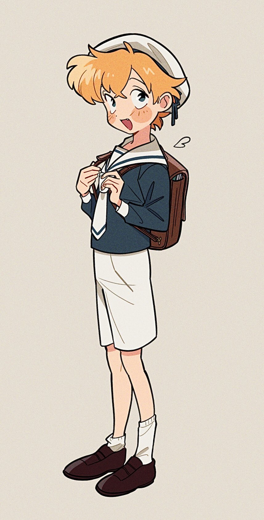 1boy, aged_down, asymmetrical_legwear, backpack, bag, blush_stickers, br'er_fox_(disney), brown_bag, brown_footwear, child, commentary, full_body, grey_background, hat, highres, humanization, long_sleeves, looking_at_viewer, male_focus, neckerchief, open_mouth, orange_hair, school_uniform, shorts, socks, song_of_the_south, standing, symbol-only_commentary, uochandayo, white_hat, white_neckerchief, white_shorts, white_socks