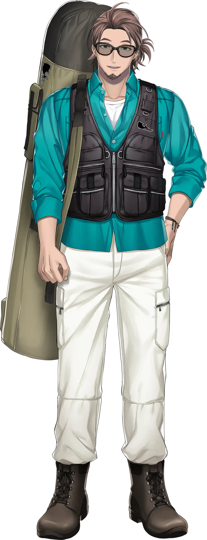 1boy, anonymous_(nijisanji), black_footwear, black_vest, bonnivier_pranaja, bonnivier_pranaja_(1st_costume), boots, bracelet, brown_hair, facial_hair, full_body, glasses, goatee, green_eyes, green_shirt, hand_in_pocket, highres, jewelry, long_sleeves, looking_at_viewer, male_focus, nijisanji, nijisanji_id, official_art, pants, shirt, short_hair, sleeves_rolled_up, smile, solo, tactical_clothes, vest, virtual_youtuber, white_pants, white_shirt, zipper, zipper_pull_tab