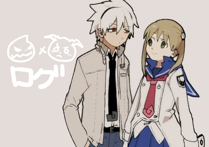 1boy, 1girl, blonde_hair, chibi, collared_jacket, empty_eyes, eye_contact, green_eyes