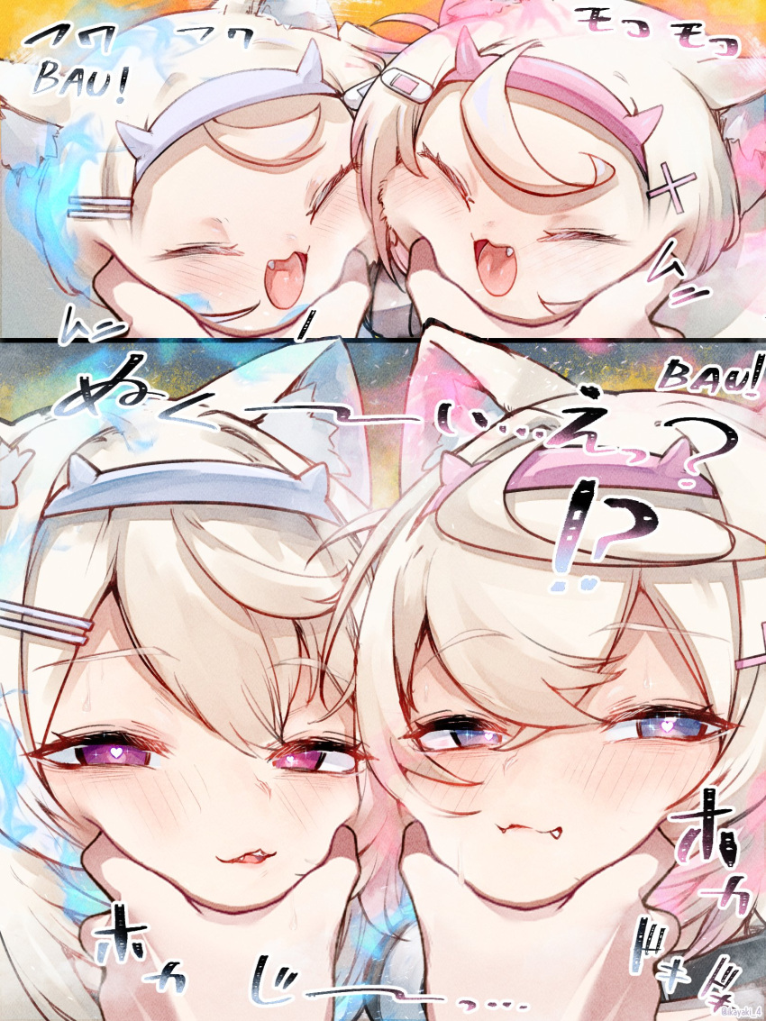 1other, 2girls, :3, :d, blonde_hair, blue_hair, blue_hairband, blush, closed_eyes, commentary_request, dog, fang, fuwawa_abyssgard, fuwawa_abyssgard_(1st_costume), hairband, heart, heart-shaped_pupils, highres, hololive, hololive_english, ikayaki_(ikayaki4), long_hair, looking_at_viewer, meme, mococo_abyssgard, mococo_abyssgard_(1st_costume), multiple_girls, parted_lips, pink_hair, pink_hairband, pov, pov_cheek_grabbing_(meme), short_hair, siblings, sisters, smile, sound_effects, symbol-shaped_pupils, twins, upper_body, virtual_youtuber