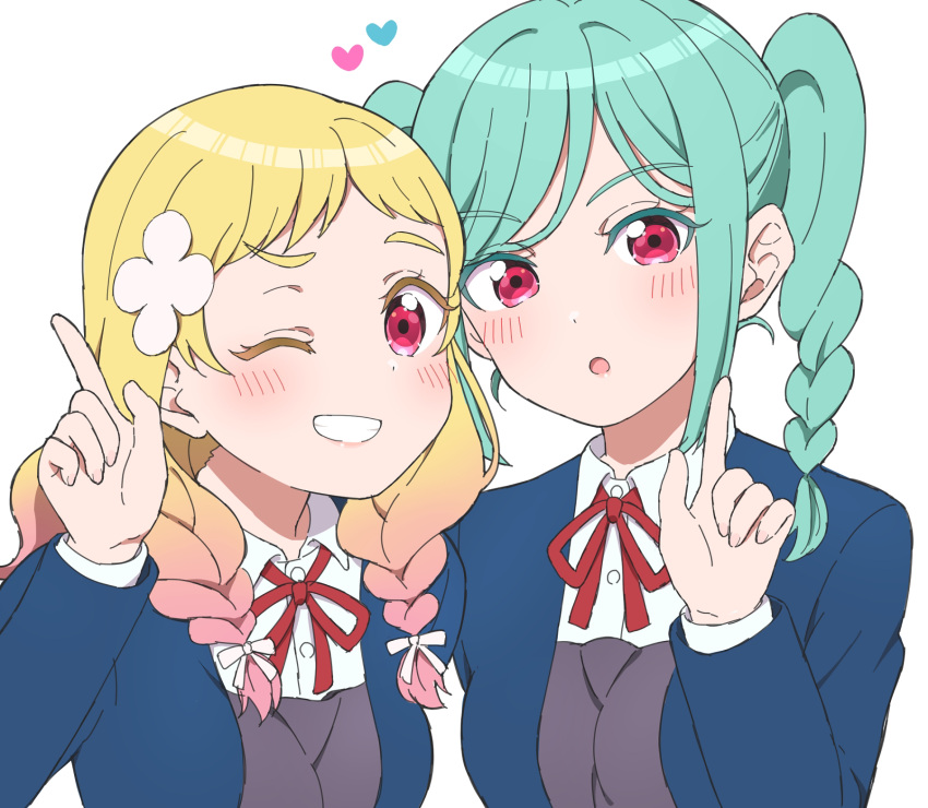 2girls, :o, ;d, aqua_hair, blazer, blonde_hair, blue_jacket, blush, braid, collared_shirt, commentary_request, dress, dress_shirt, flower, gradient_hair, grey_dress, grin, hair_flower, hair_ornament, hair_over_shoulder, hair_ribbon, heart, highres, index_finger_raised, jacket, jenny_(je2live), long_hair, long_sleeves, looking_at_viewer, love_live!, love_live!_superstar!!, low_twin_braids, multicolored_hair, multiple_girls, neck_ribbon, one_eye_closed, onitsuka_natsumi, onitsuka_tomari, open_clothes, open_jacket, open_mouth, parted_bangs, partial_commentary, pink_hair, red_eyes, red_ribbon, ribbon, school_uniform, shirt, siblings, simple_background, sisters, smile, twin_braids, upper_body, white_background, white_flower, white_ribbon, white_shirt, winter_uniform, yuigaoka_school_uniform