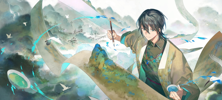 1boy, bird, black_hair, calligraphy_brush, chinese_clothes, closed_mouth, duijin_ruqun, hair_between_eyes