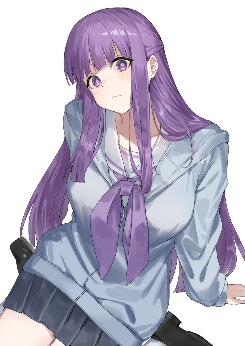 1girl, absurdres, alternate_costume, arm_support, black_footwear, blue_hoodie, blunt_bangs, bright_pupils, contemporary, fern_(sousou_no_frieren), highres, hood, hood_down, hoodie, light_frown, loafers, long_hair, looking_at_viewer, mosa_1120, neckerchief, pleated_skirt, purple_hair, purple_neckerchief, sailor_collar, school_uniform, shirt, shoes, simple_background, sitting, skirt, solo, sousou_no_frieren, violet_eyes, wariza, white_background, white_pupils, white_shirt, zipper_pull_tab