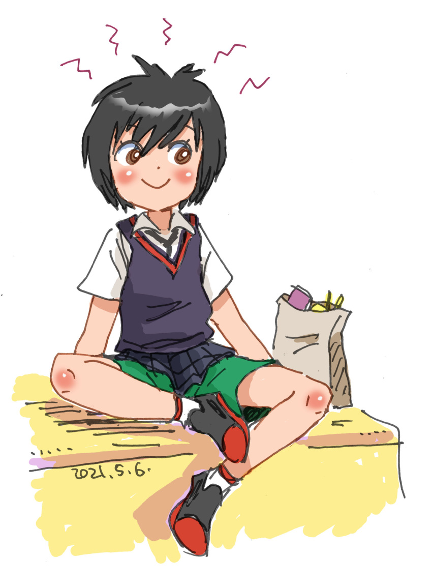 bag, brown_eyes, bruise_on_knee, bruise_on_leg, fussan_senryobako, green_shorts, hair_between_eyes, highres