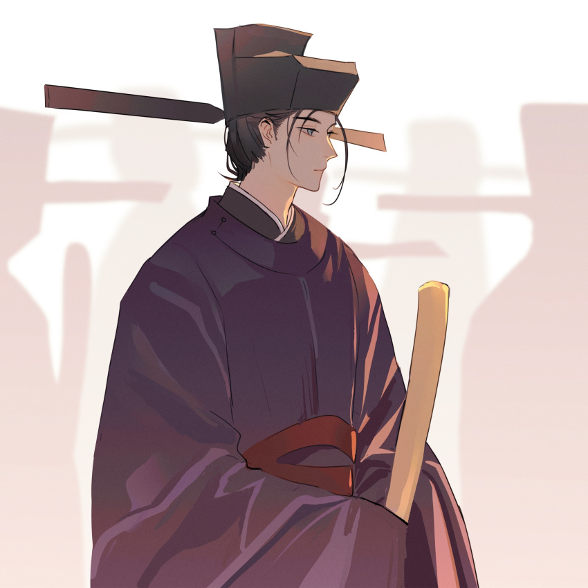 1boy, black_hair, blue_eyes, chinese_clothes, closed_mouth, futou, hand_fan, hanfu, hat, highres, holding, huban, long_sleeves, male_focus, original, sleeves_past_fingers, sleeves_past_wrists, solo, wide_sleeves, yuanlingshan, yueyuede_nangua