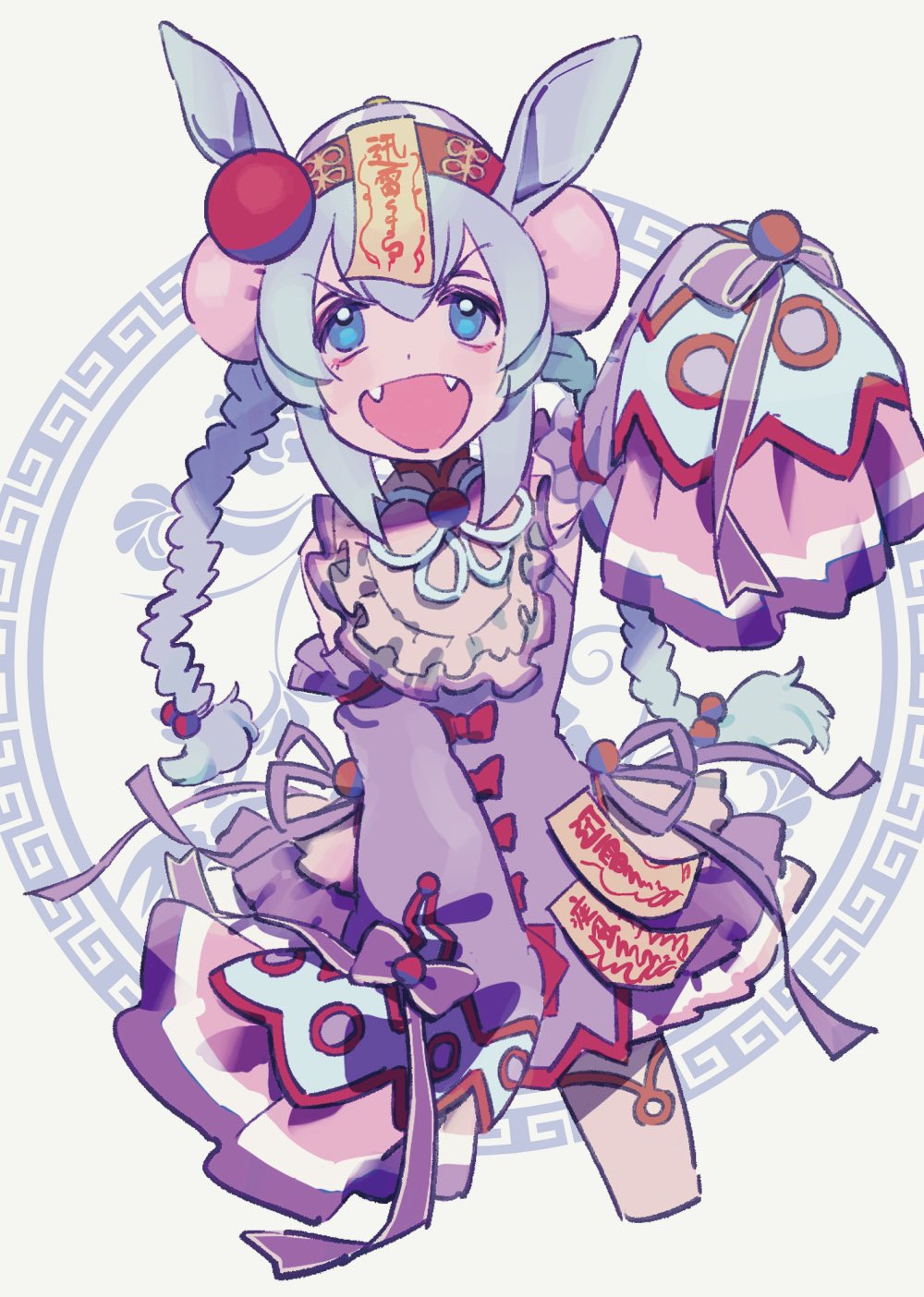 1girl, agnes_digital_(lovely_jiangshi)_(umamusume), agnes_digital_(umamusume), agnes_digital_(umamusume)_(cosplay), animal_ears, blush, braid, bun_cover, cosplay, cropped_legs, detached_sleeves, dot_nose, double_bun, dress, fangs, grey_hair, hair_bun, hand_up, hat, highres, horse_ears, long_hair, nara_123, ofuda, outstretched_arm, pink_dress, qingdai_guanmao, sleeveless, sleeveless_dress, solo, tamamo_cross_(umamusume), twin_braids, umamusume, v-shaped_eyebrows
