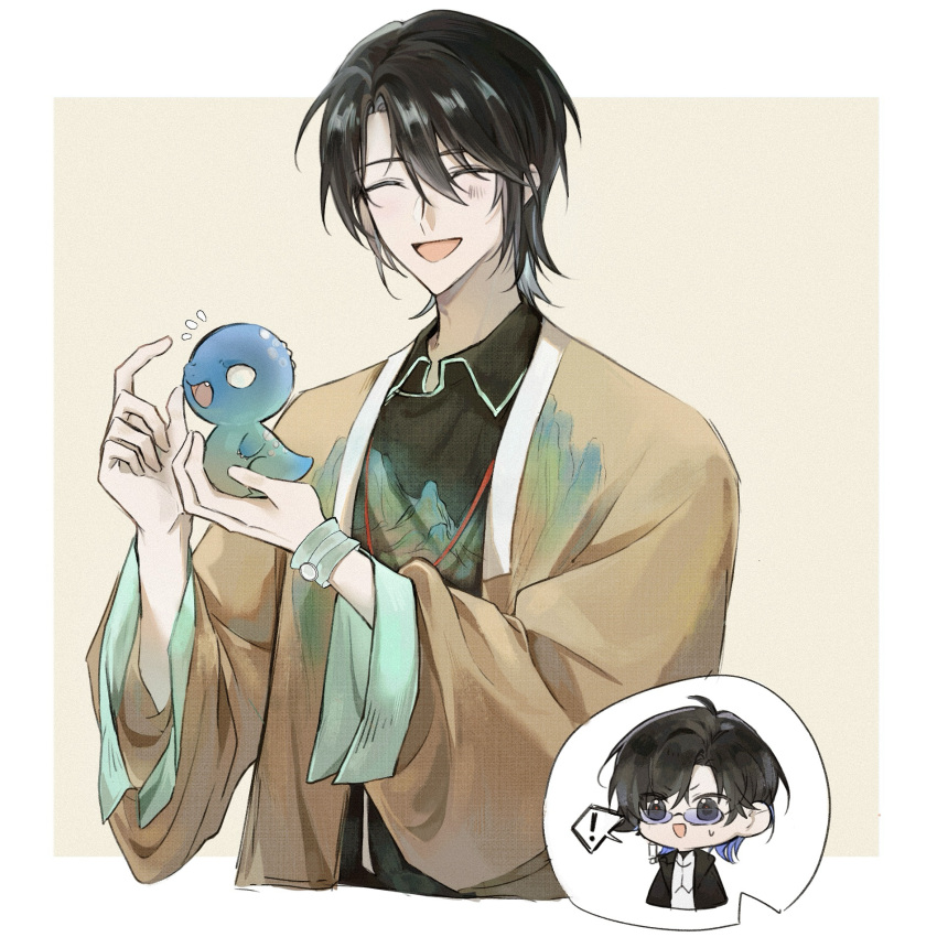 1boy, ^, baima_xuanguangtian, black_hair, black_shirt, bracelet, chibi, chibi_inset